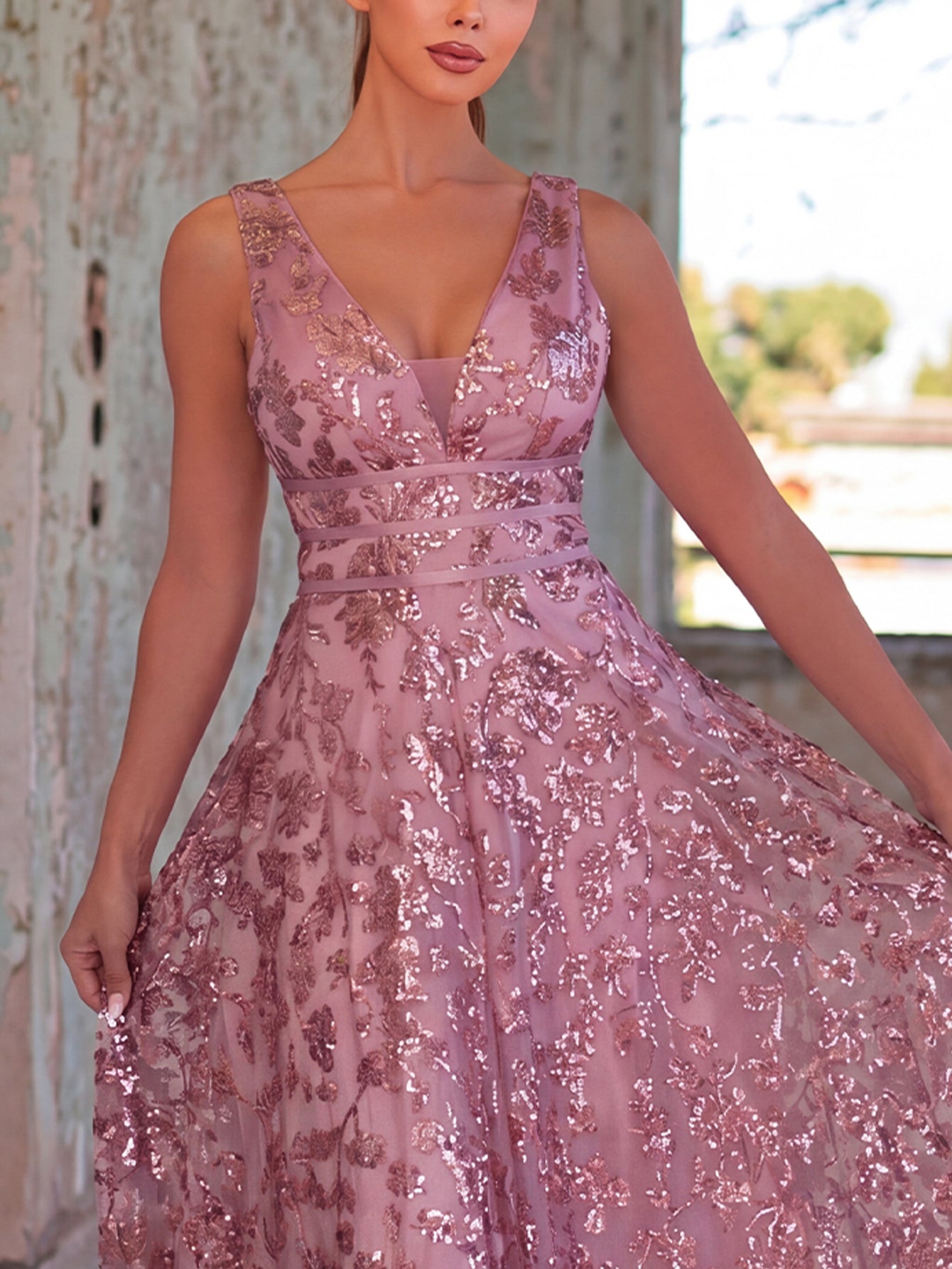 Plunging Neck Sleeveless Embroidered Sequin Dresses