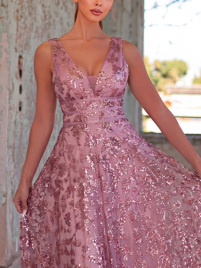 Plunging Neck Sleeveless Embroidered Sequin Dresses