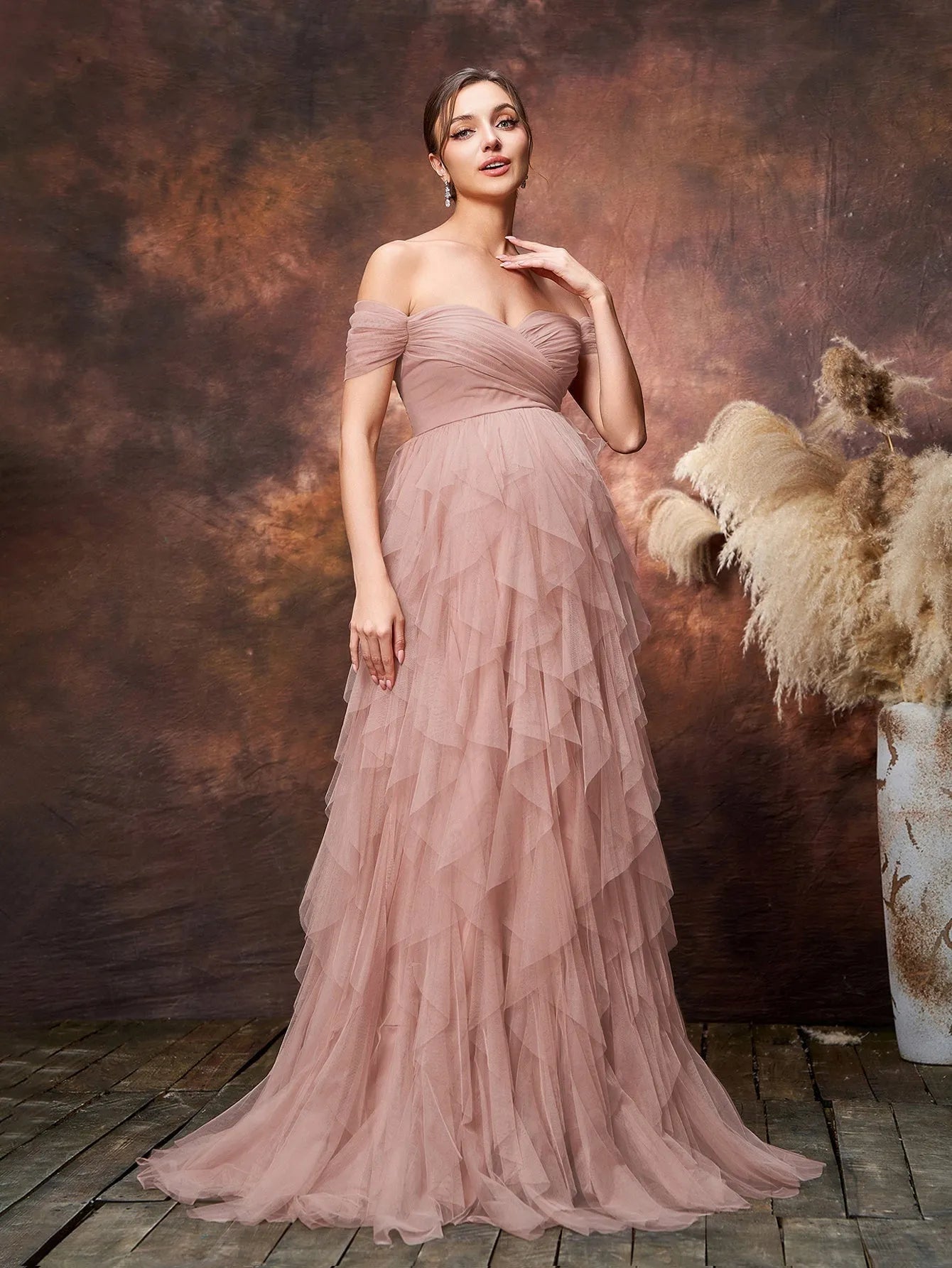 Maternity Off-Shoulder Tulle Short-Sleeve A-Line Evening Gown — authorized product image 5