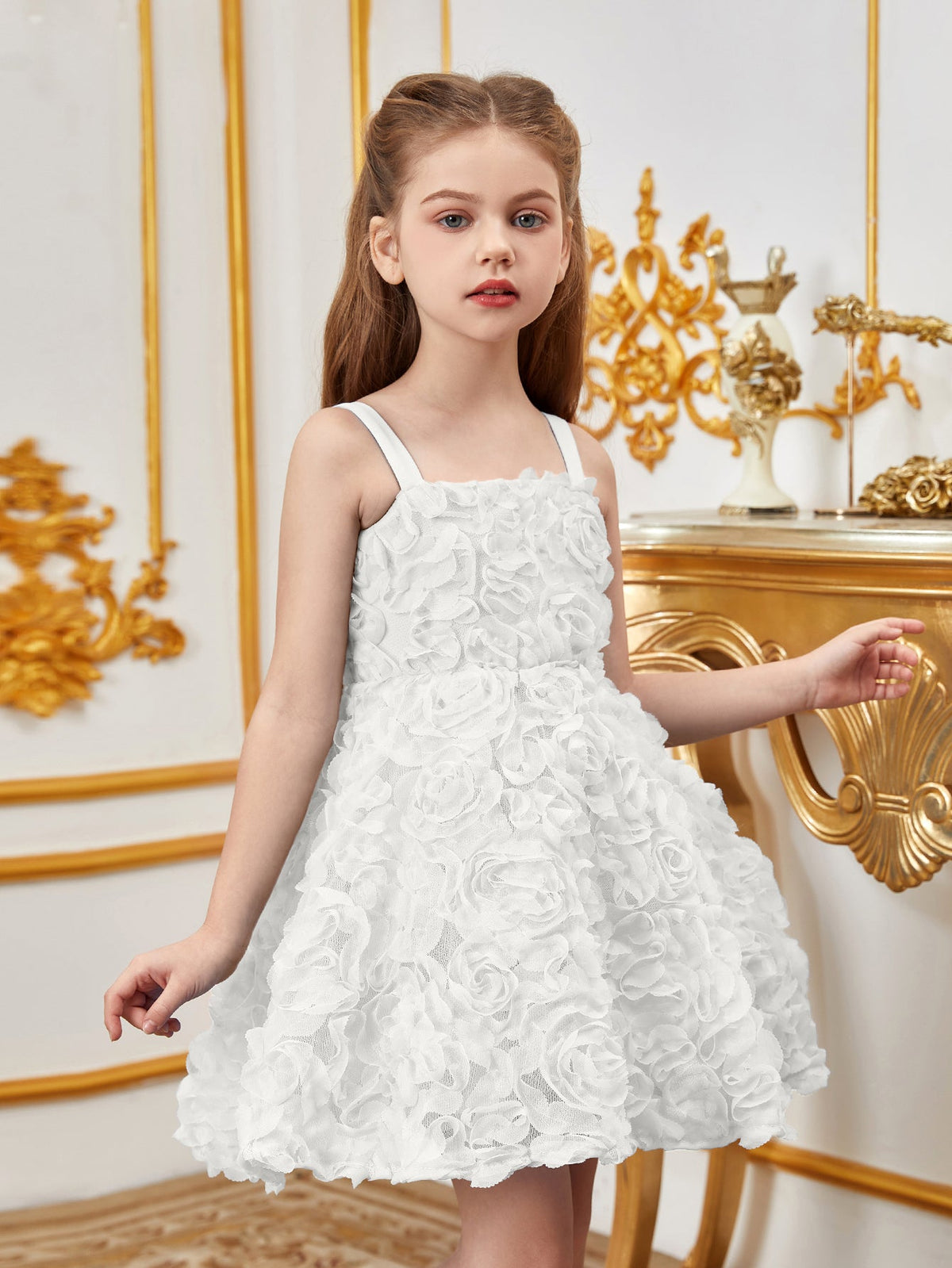 Additional product view of Floral Appliqué Cami Strap A-Line Sleeveless Mesh Tween Girls' Party Dress