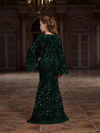 Additional product view of Bell-Sleeve Sweetheart-Neck Sequin Mermaid Maxi Tween Girls' Party Dress