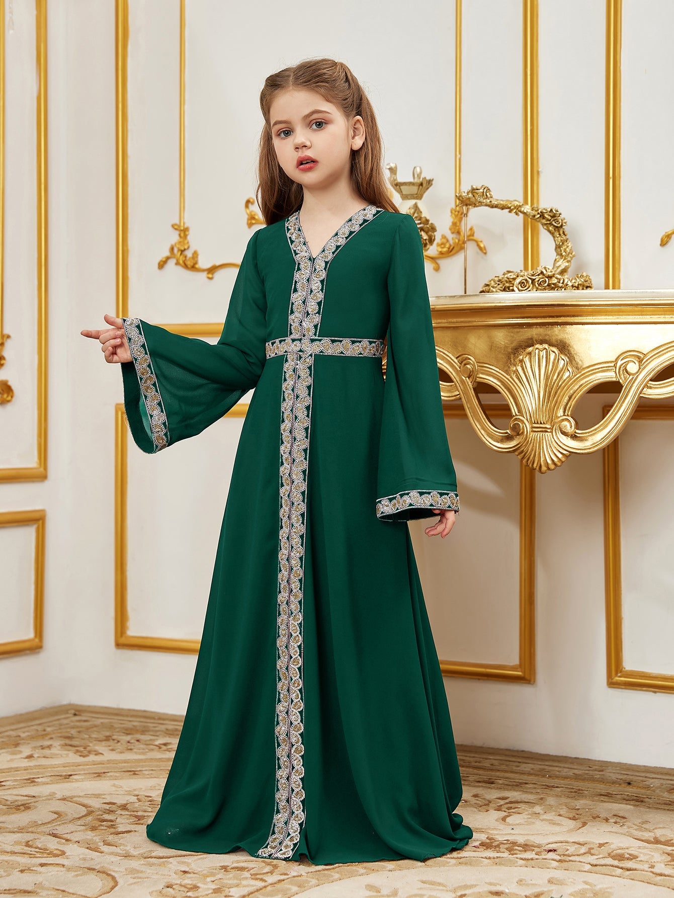 Tween Girls' Lace Trim Decoration V-neck Flare Sleeve Chiffon Party Dress — authorized product image 10