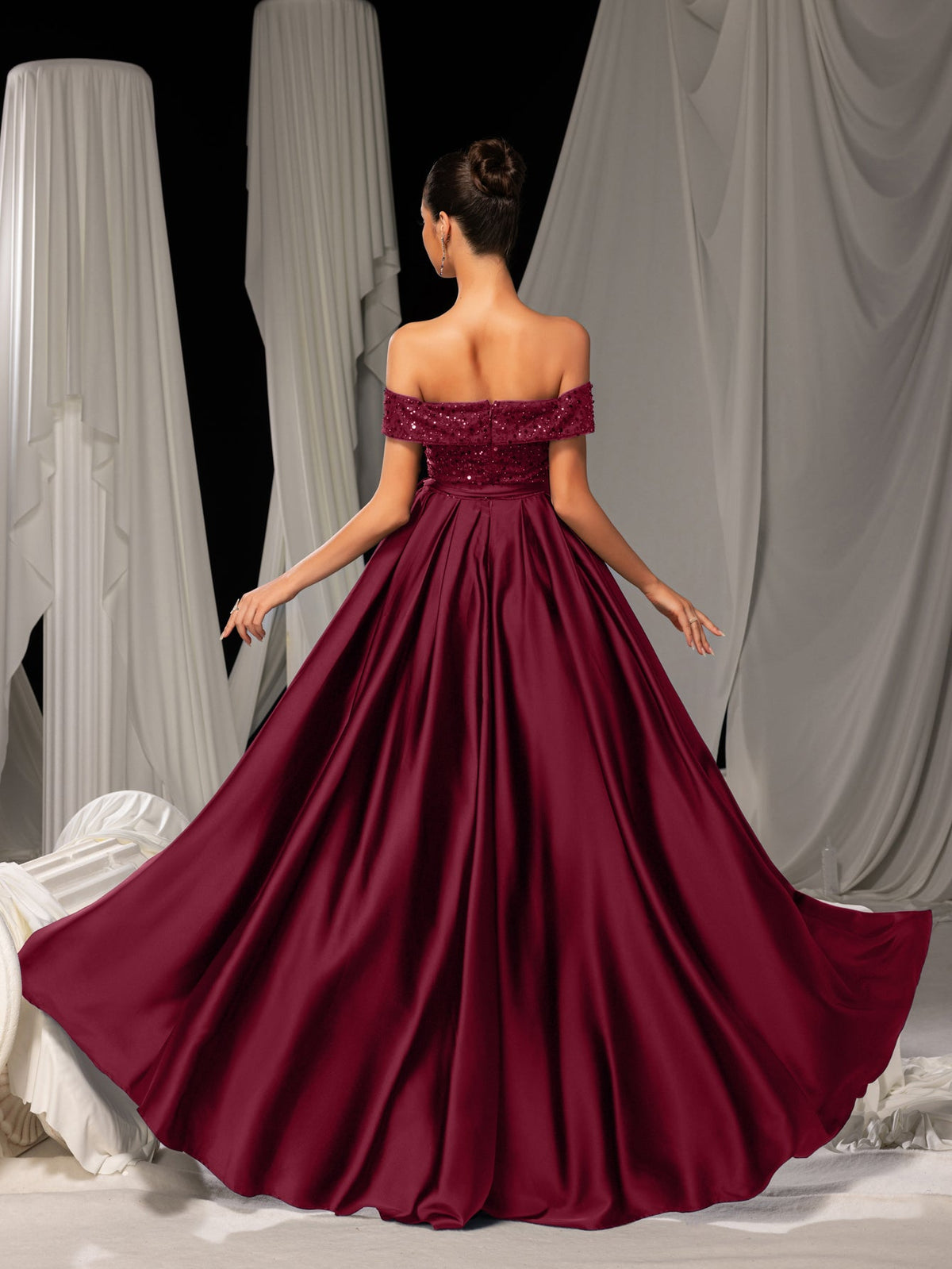 Elegant Off-Shoulder Evening Gown with Sequin Embellishments – High Slit Satin Skirt & Back Zipper for Luxury Weddings or Evening Glam, XS-XL