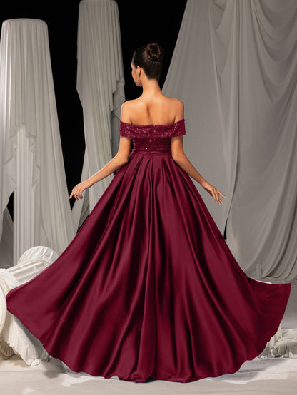 Elegant Off-Shoulder Evening Gown with Sequin Embellishments – High Slit Satin Skirt & Back Zipper for Luxury Weddings or Evening Glam, XS-XL