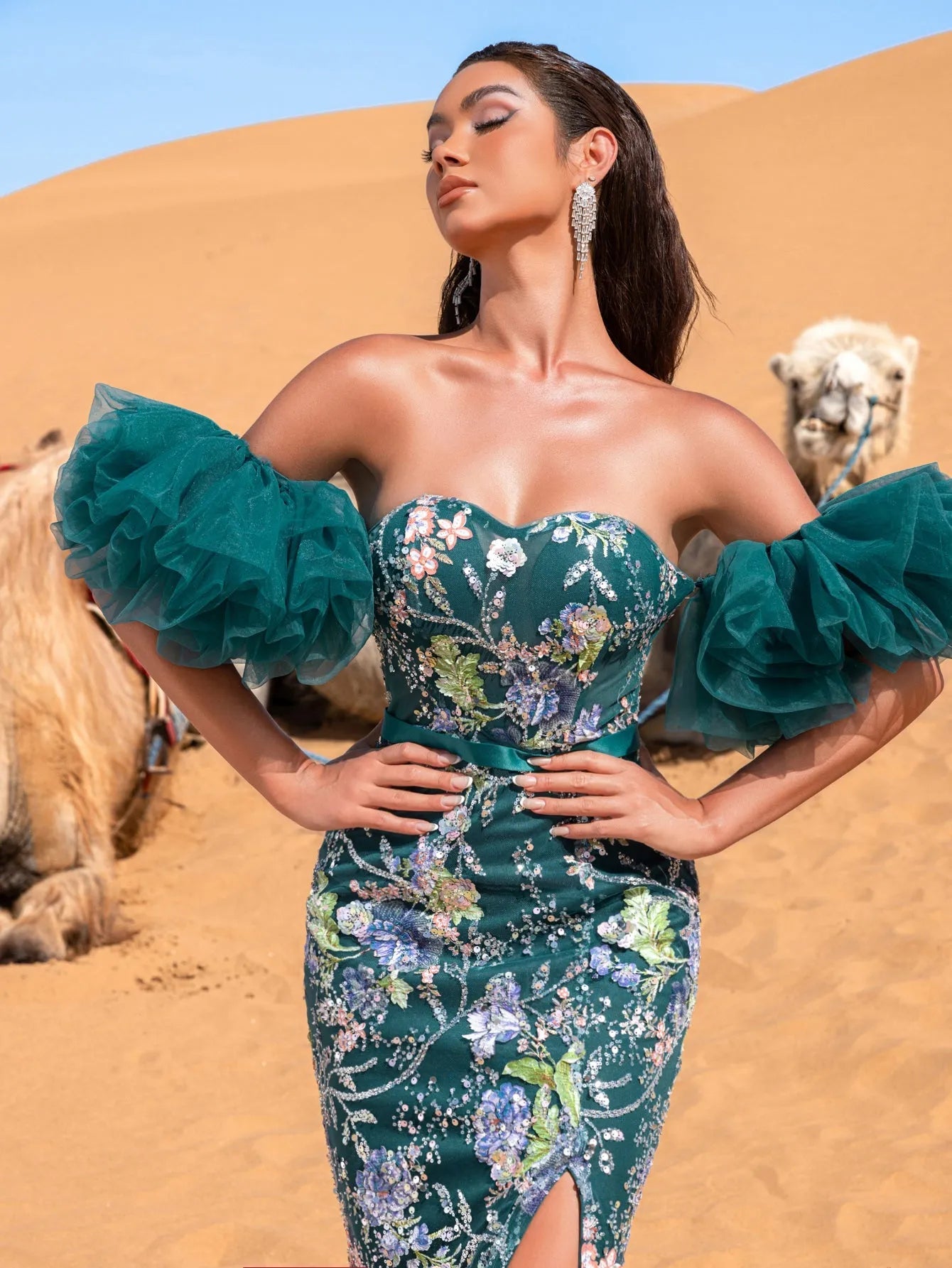 Luxury Strapless Ruffle Sleeve Mermaid Hem Floral Beaded Seuqin Evening Dress — authorized product image 7