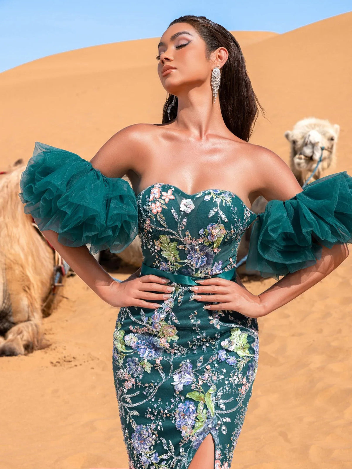 Luxury Strapless Ruffle Sleeve Mermaid Hem Floral Beaded Seuqin Evening Dress — authorized product image 7