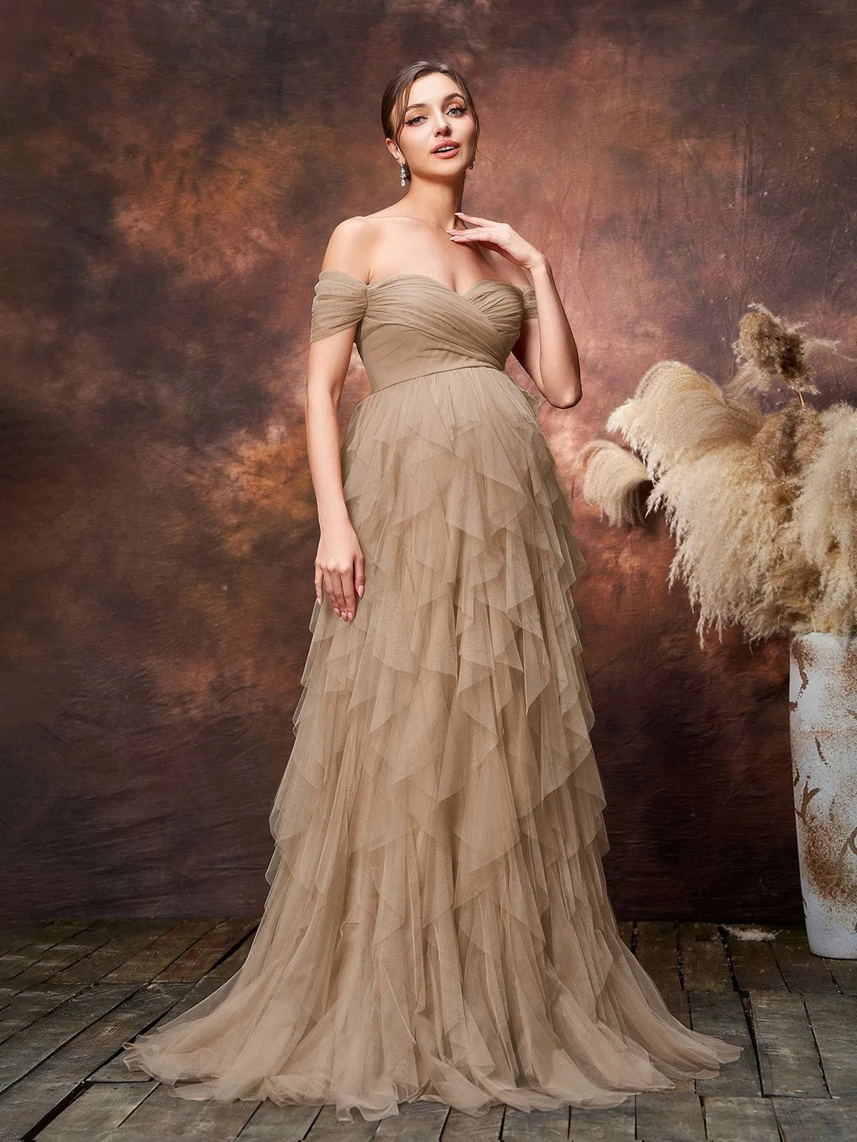 Maternity Off-Shoulder Tulle Short-Sleeve A-Line Evening Gown — authorized product image 11