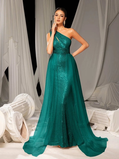 Additional product view of Mesh Overlay One-Shoulder Sequin Mermaid Sleeveless Evening Gown