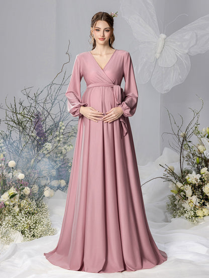 Maternity V-Neck Bow Long-Sleeve A-Line Evening Gown — authorized product image 9