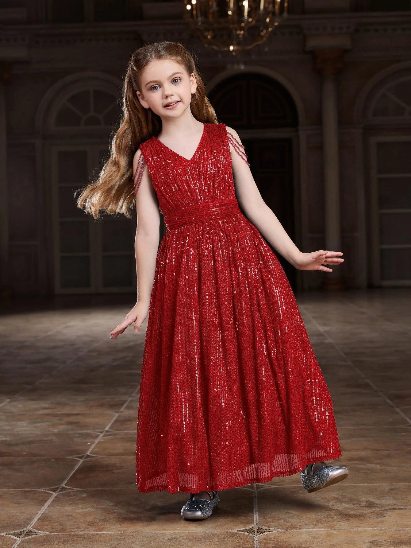 Additional product view of V-Neck Sequin A-Line Sleeveless Maxi Tween Girls' Party Dress