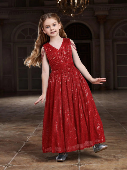 Additional product view of V-Neck Sequin A-Line Sleeveless Maxi Tween Girls' Party Dress