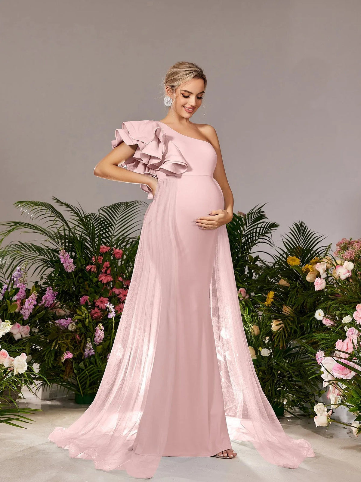Alternate view of Mesh Overlay Ruffle Trim One-Shoulder Knit Mermaid Maternity Evening Dress in Pink