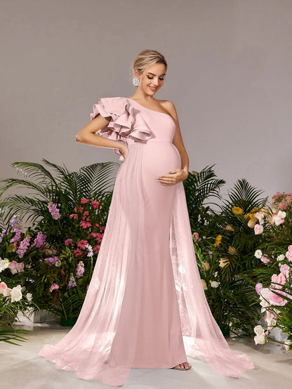 Alternate view of Mesh Overlay Ruffle Trim One-Shoulder Knit Mermaid Maternity Evening Dress in Pink