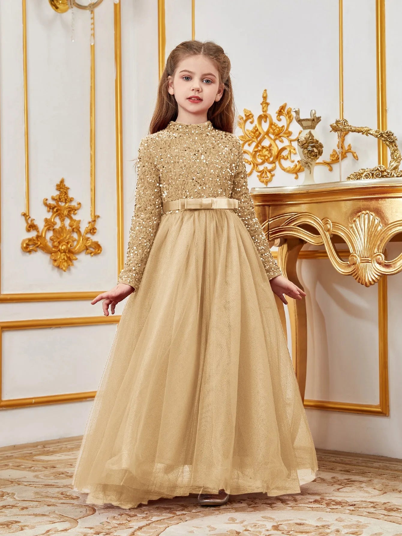 Additional product view of Bow Detail Mock-Neck Sequin A-Line Long-Sleeve Tween Girls' Party Dress