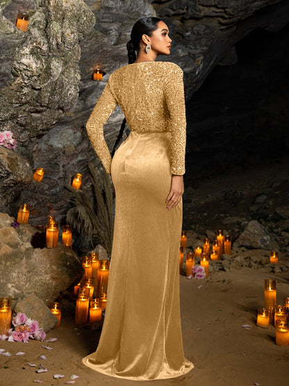 Additional product view of V-Neck Velvet Sequin Mermaid Long-Sleeve Evening Gown