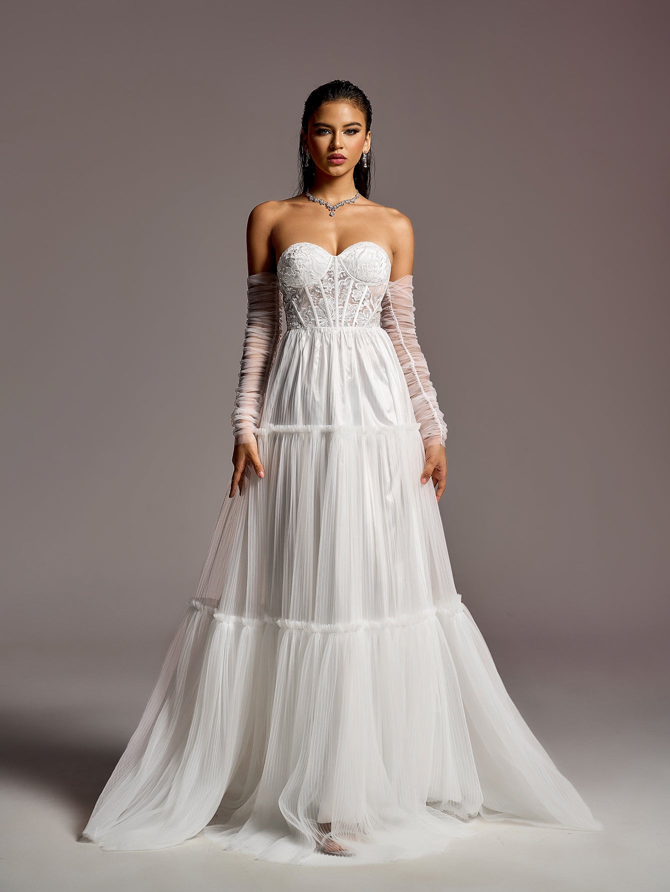 Elegant Lace Corset Bodice Sheer Sleeves A-line Tulle Wedding Dress – view 5