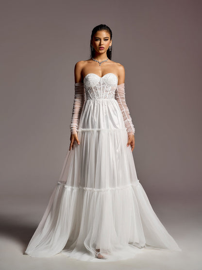 Elegant Lace Corset Bodice Sheer Sleeves A-line Tulle Wedding Dress – view 5