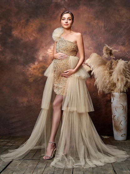 Maternity One-Shoulder Sequin Sleeveless A-Line Evening Gown — authorized product image 5