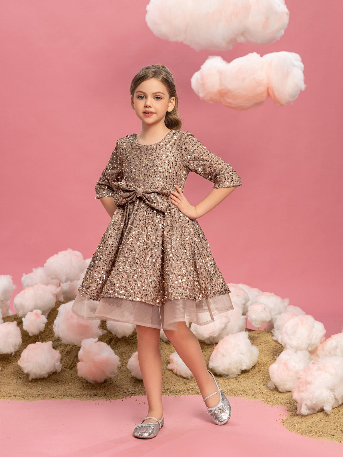 Alternate view of Three-Quarter-Sleeve Bow Detail Sequin A-Line Midi Tween Girls' Party Dress in Champagne