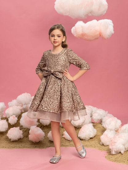 Alternate view of Three-Quarter-Sleeve Bow Detail Sequin A-Line Midi Tween Girls' Party Dress in Champagne
