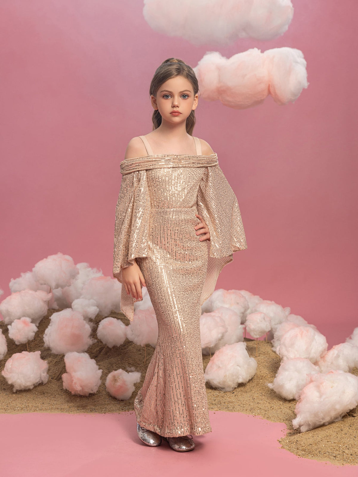 Additional product view of Cold-Shoulder Flare-Sleeve Off-Shoulder Sequin Mermaid Tween Girls' Party Dress