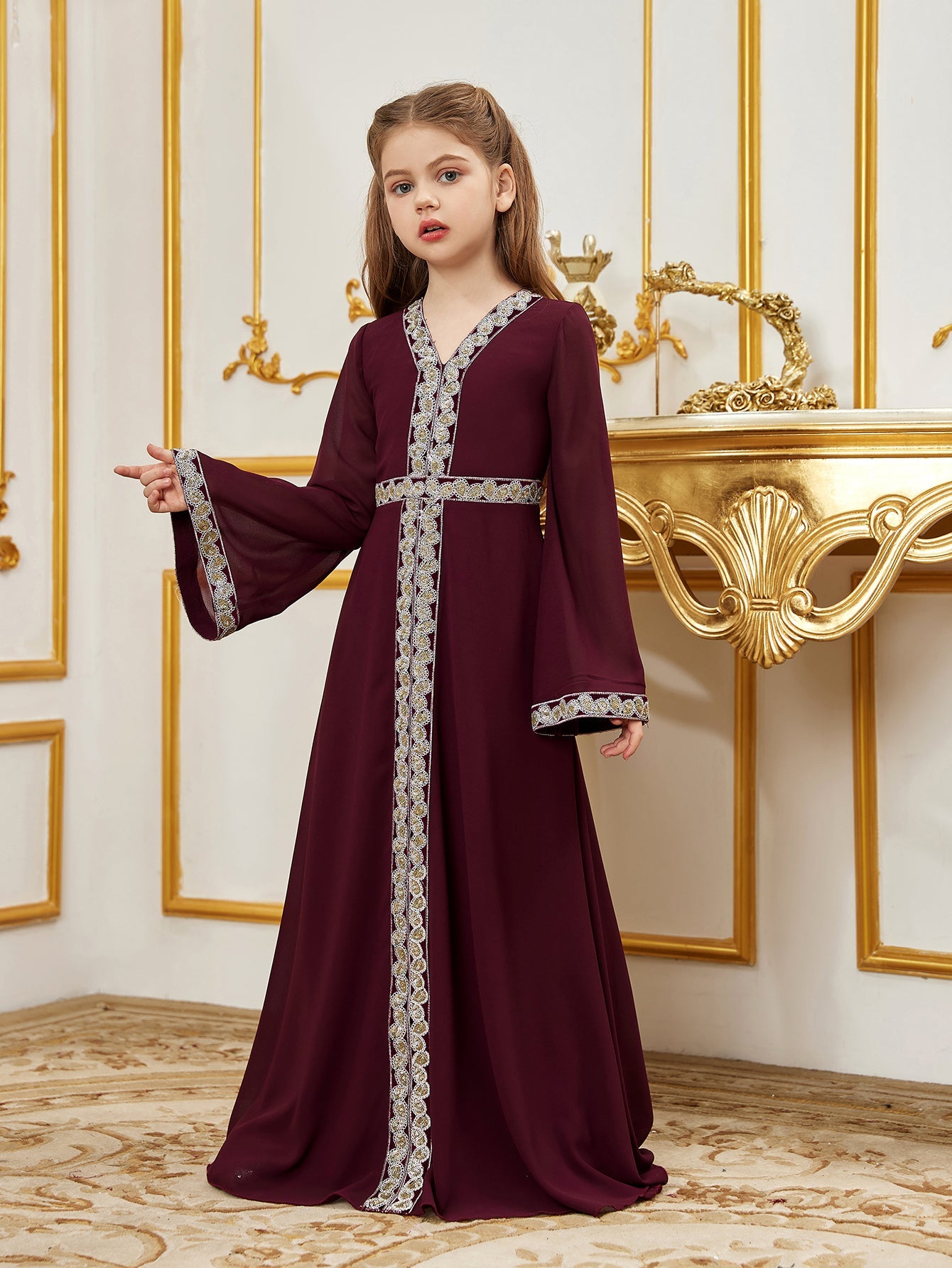Tween Girls' Lace Trim Decoration V-neck Flare Sleeve Chiffon Party Dress — authorized product image 6