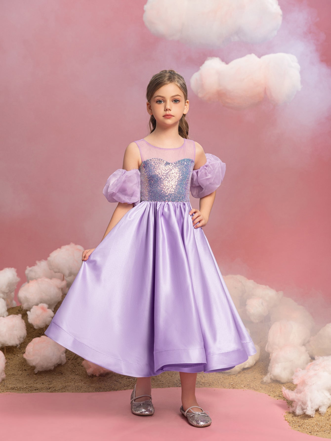 Additional product view of Puff-Sleeve Sequin A-Line Satin Midi Tween Girls' Party Dress