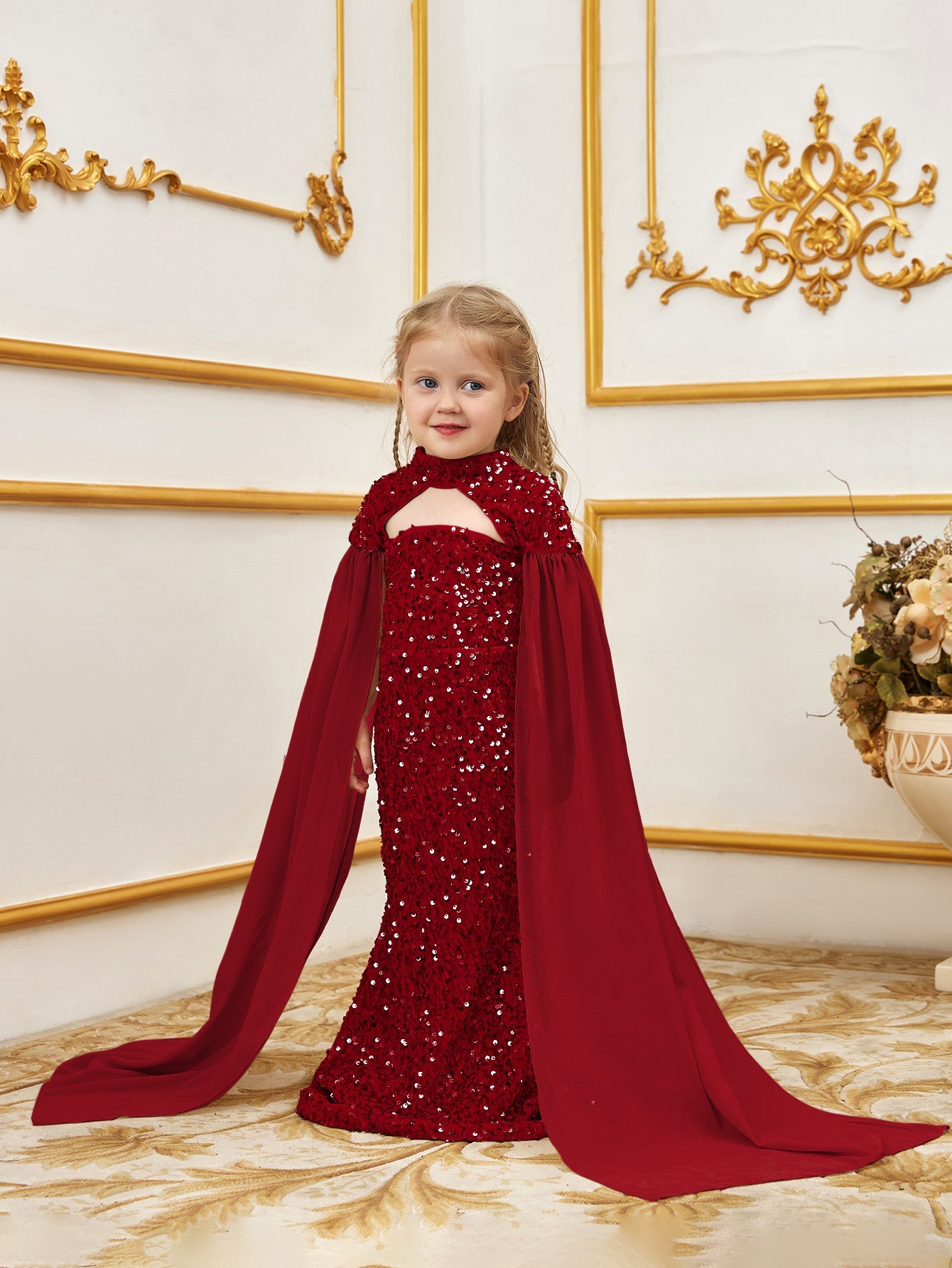 Additional product view of Cape-Sleeve Mock-Neck Sequin Mermaid Maxi Young Girls' Party Dress
