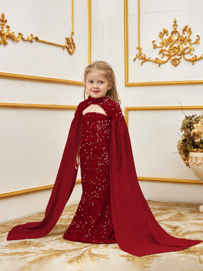 Additional product view of Cape-Sleeve Mock-Neck Sequin Mermaid Maxi Young Girls' Party Dress