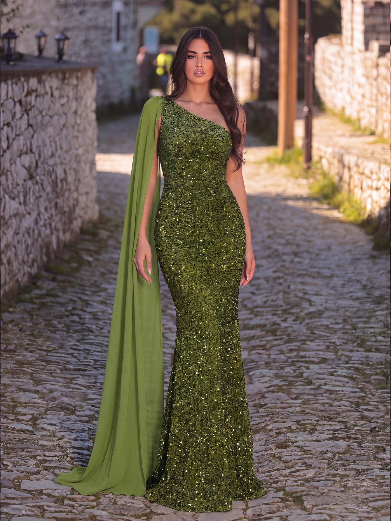 Elegant Sequin One Shoulder Sash Prom Dresses
