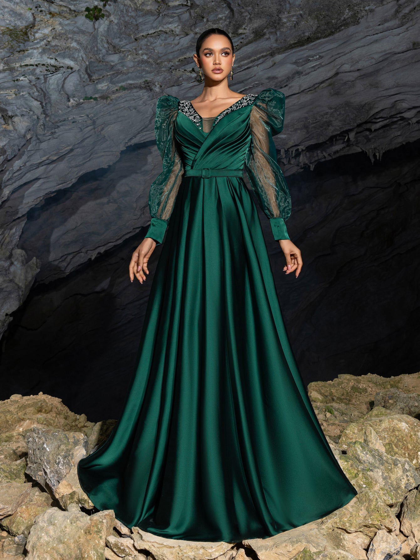 V-Neck Satin Puff-Sleeve A-Line Evening Gown — authorized product image 6