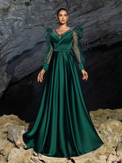 V-Neck Satin Puff-Sleeve A-Line Evening Gown — authorized product image 6