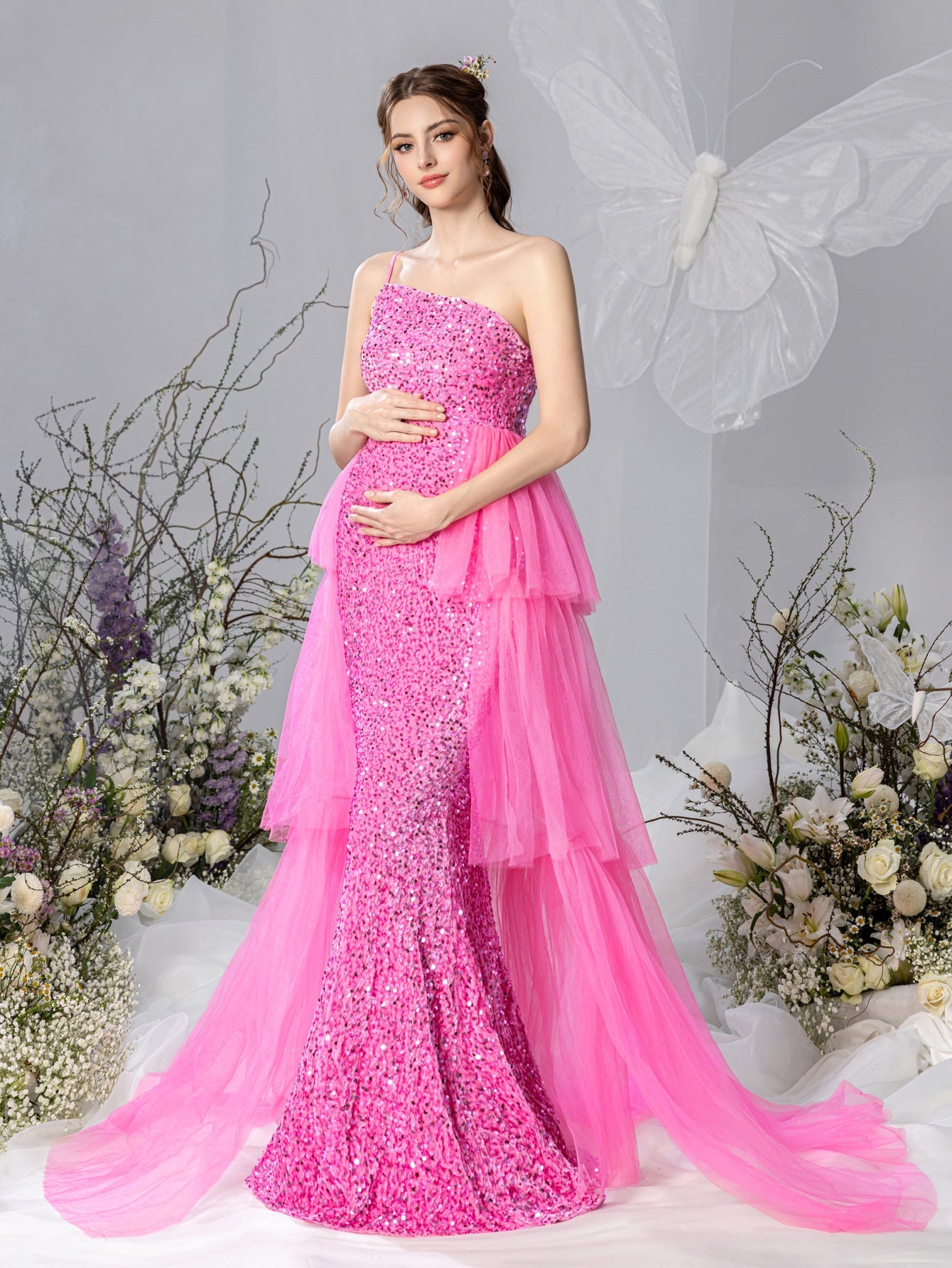 Maternity One-Shoulder Layered Mesh Overlay Sequin Party Dress – view 7