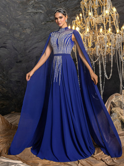 Elegant Chiffon Evening Gown with Beaded Sequin Embroidery Vertical Stripes, Cape-Style Sleeves, Flowy Skirt and Waist Belt Accent – view 7