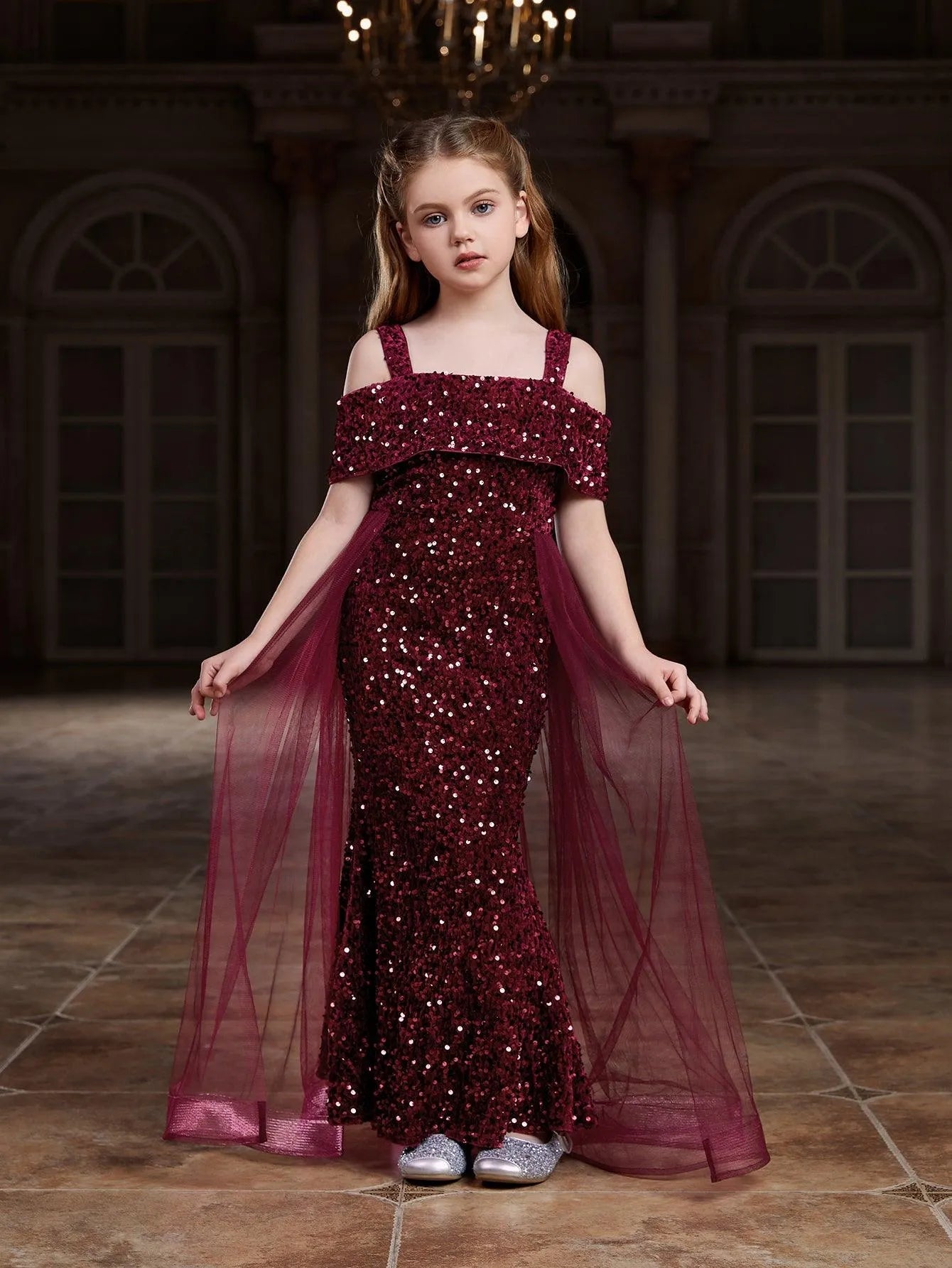 Mesh Overlay Off-Shoulder Sequin Mermaid Short-Sleeve Tween Girls' Party Dress in Burgundy