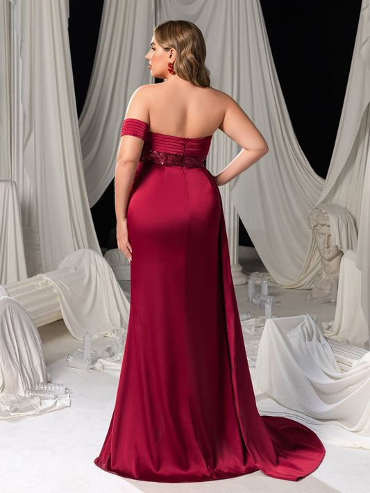 Plus-Size Strapless Satin High Slit Sleeveless Mermaid Evening Gown — authorized product image 2