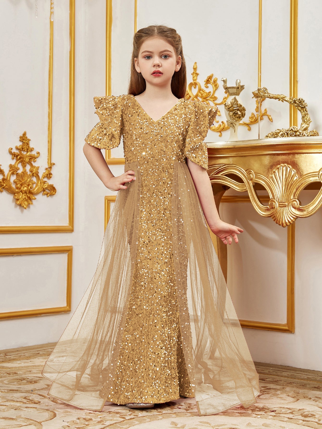 Additional product view of Mesh Overlay V-Neck Sequin Mermaid Short-Sleeve Tween Girls' Party Dress