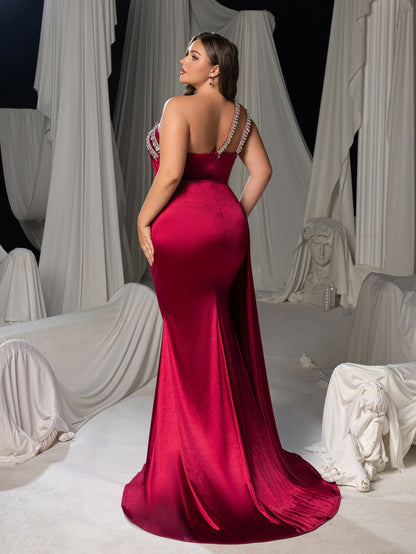 Plus-Size One-Shoulder Satin Rhinestone Sleeveless Mermaid Evening Gown — authorized product image 2