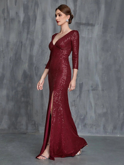 Women's Plunging Neck Split Sequin Formal Dress – view 3
