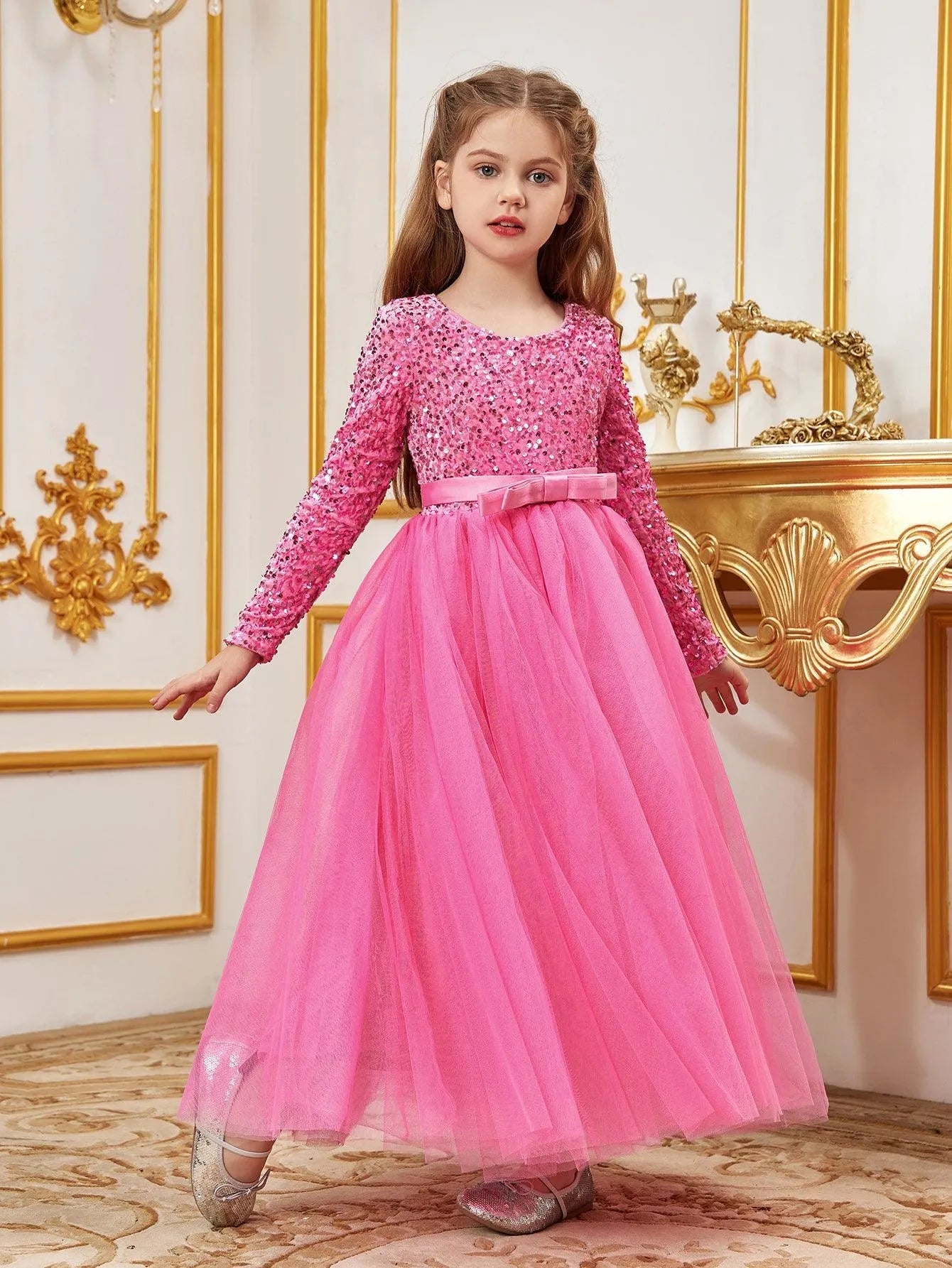 Additional product view of Sequin A-Line Long-Sleeve Mesh Maxi Tween Girls' Party Dress