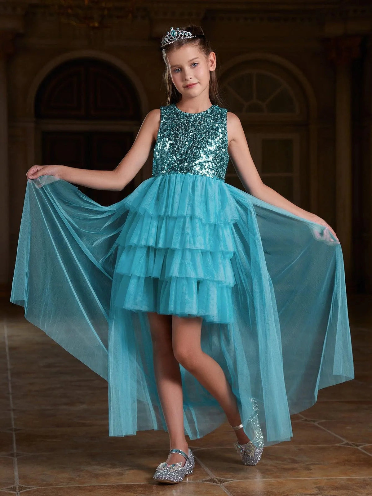 Additional product view of Layered Hem Sequin A-Line Sleeveless Mesh Round Neck Tween Girls' Party Dress