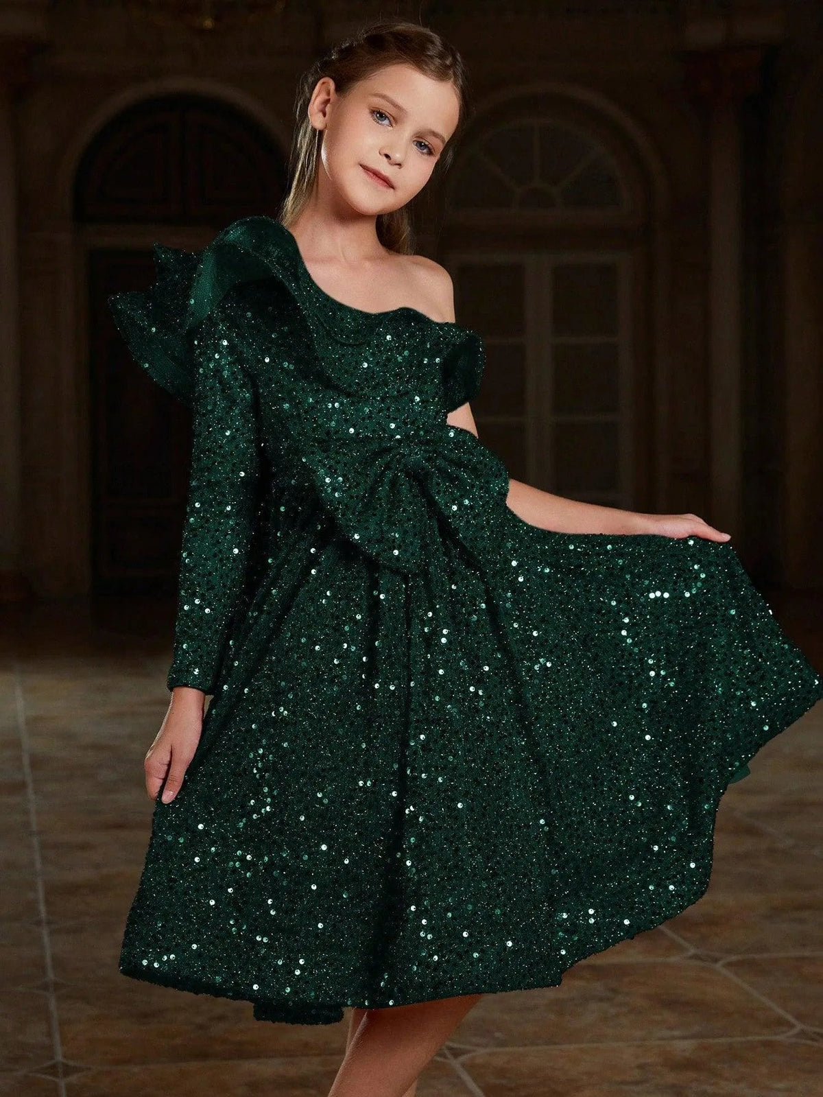 Additional product view of Ruffle Trim One-Shoulder Sequin A-Line Midi Tween Girls' Party Dress