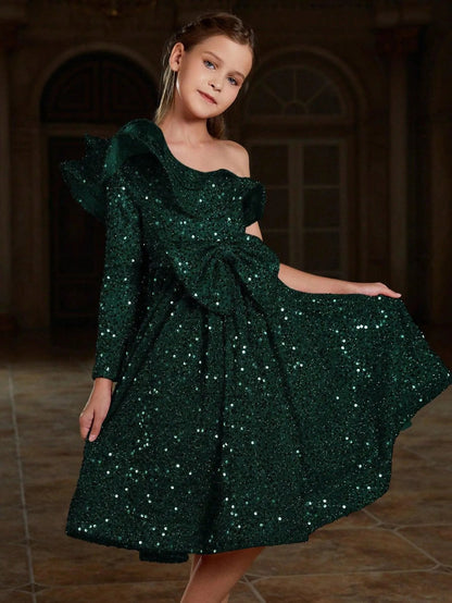 Additional product view of Ruffle Trim One-Shoulder Sequin A-Line Midi Tween Girls' Party Dress