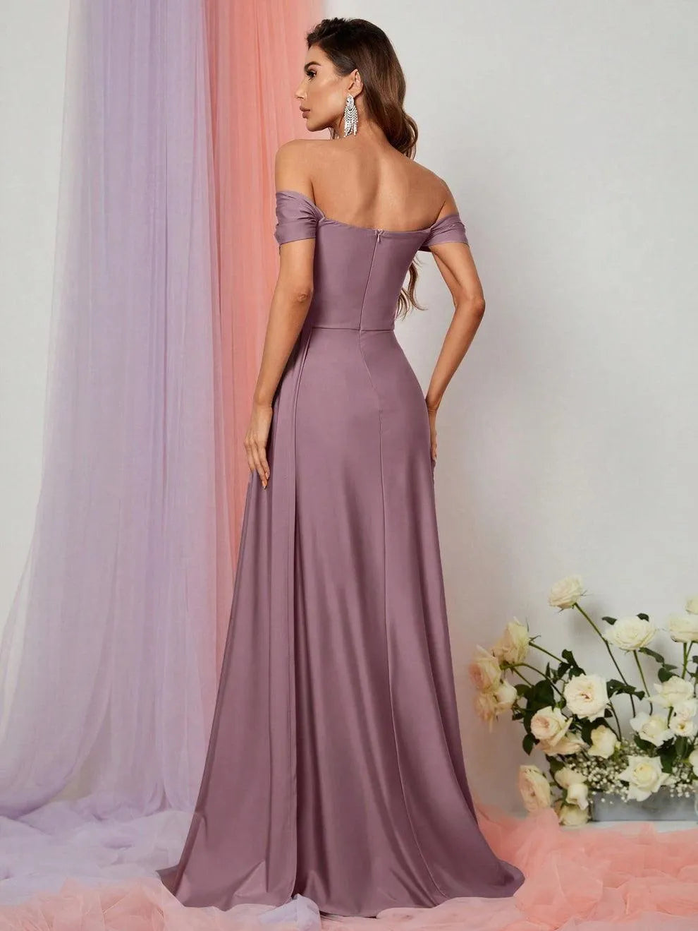 Additional product view of Draped Side High-Slit Off-Shoulder Knit Mermaid Evening Gown