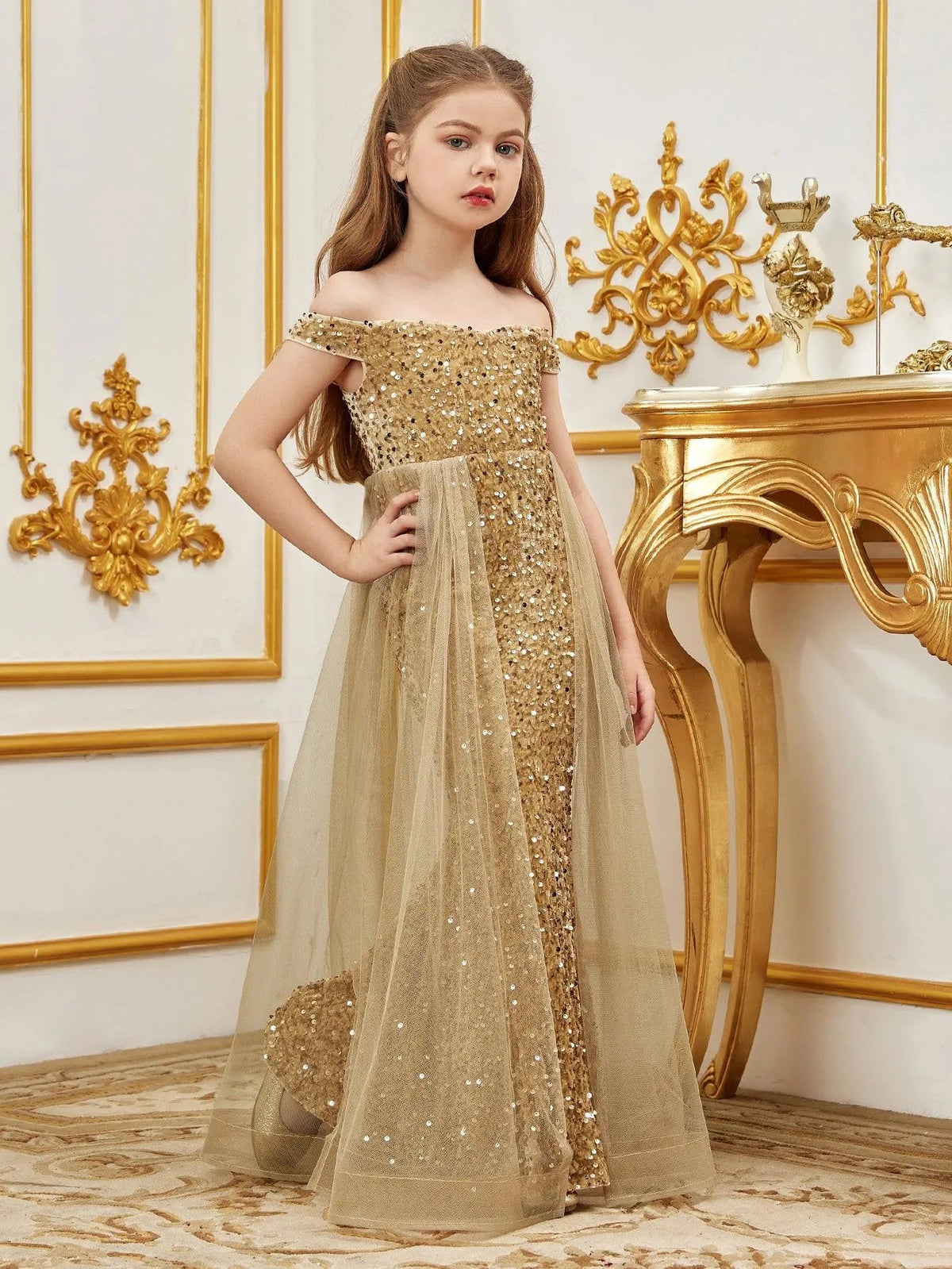 Additional product view of Mesh Overlay Off-Shoulder Sequin Mermaid Short-Sleeve Maxi Tween Girls' Party Dress