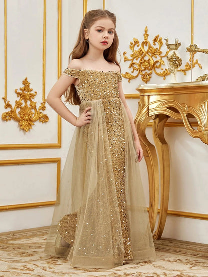 Additional product view of Mesh Overlay Off-Shoulder Sequin Mermaid Short-Sleeve Maxi Tween Girls' Party Dress