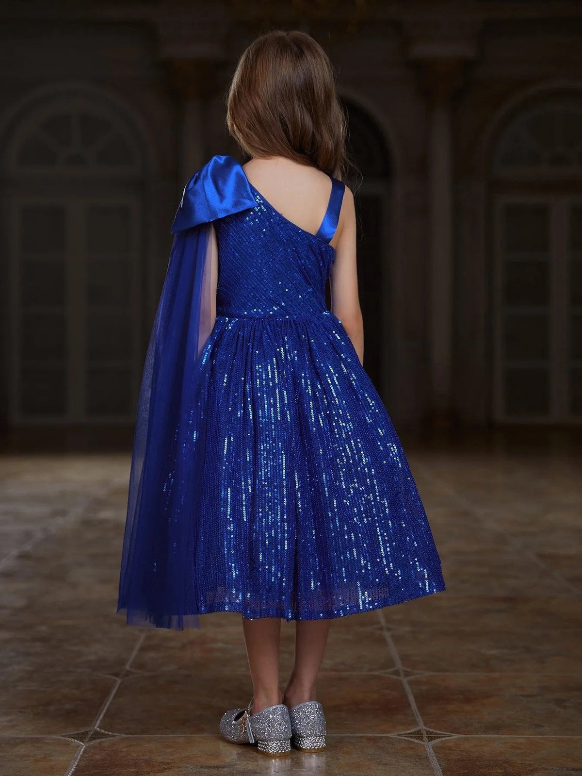 Additional product view of Draped Side Bow Detail One-Shoulder Sequin A-Line Tween Girls' Party Dress