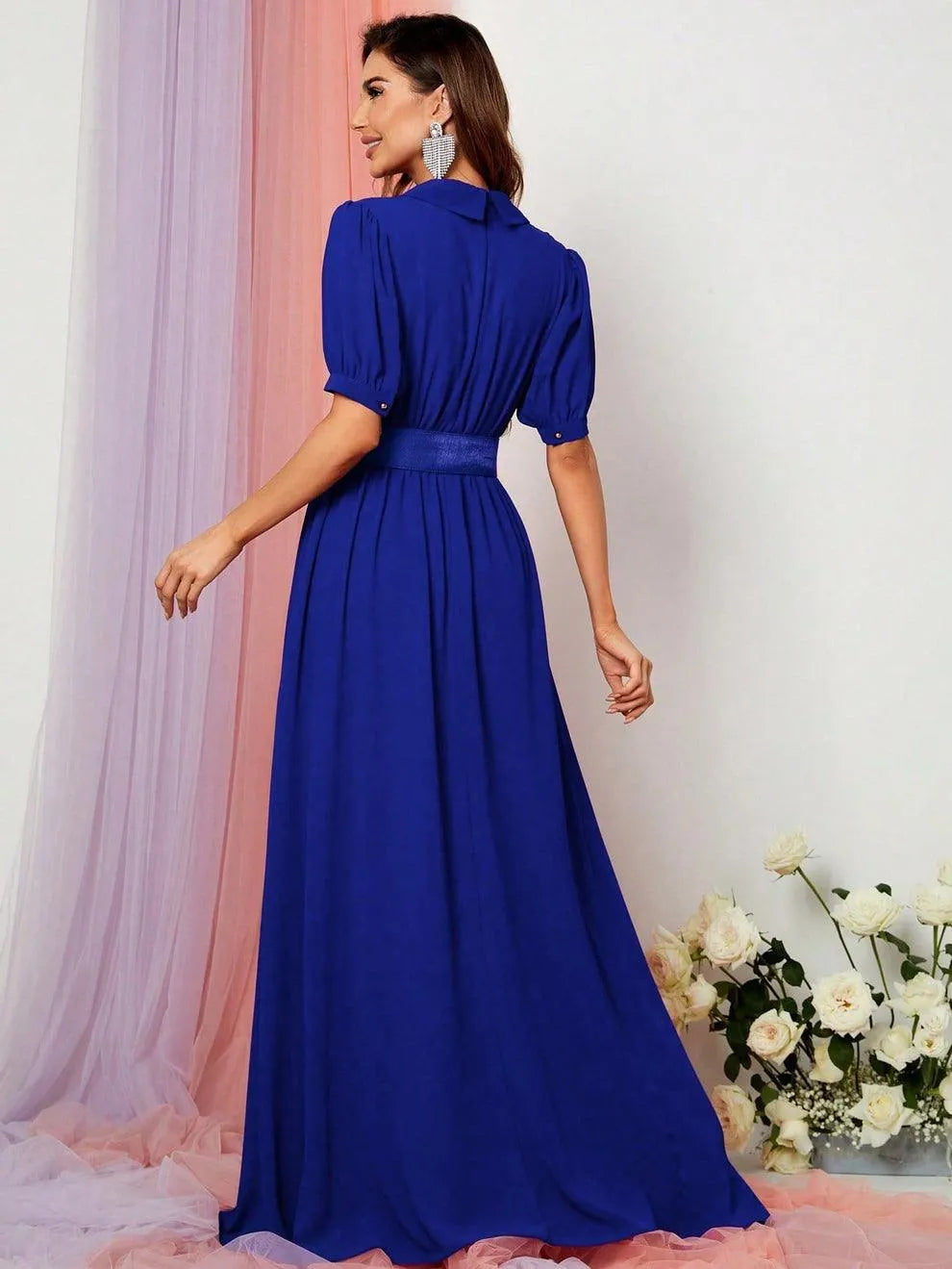 Additional product view of Deep V-Neck Puff-Sleeve Chiffon A-Line Maxi Evening Gown