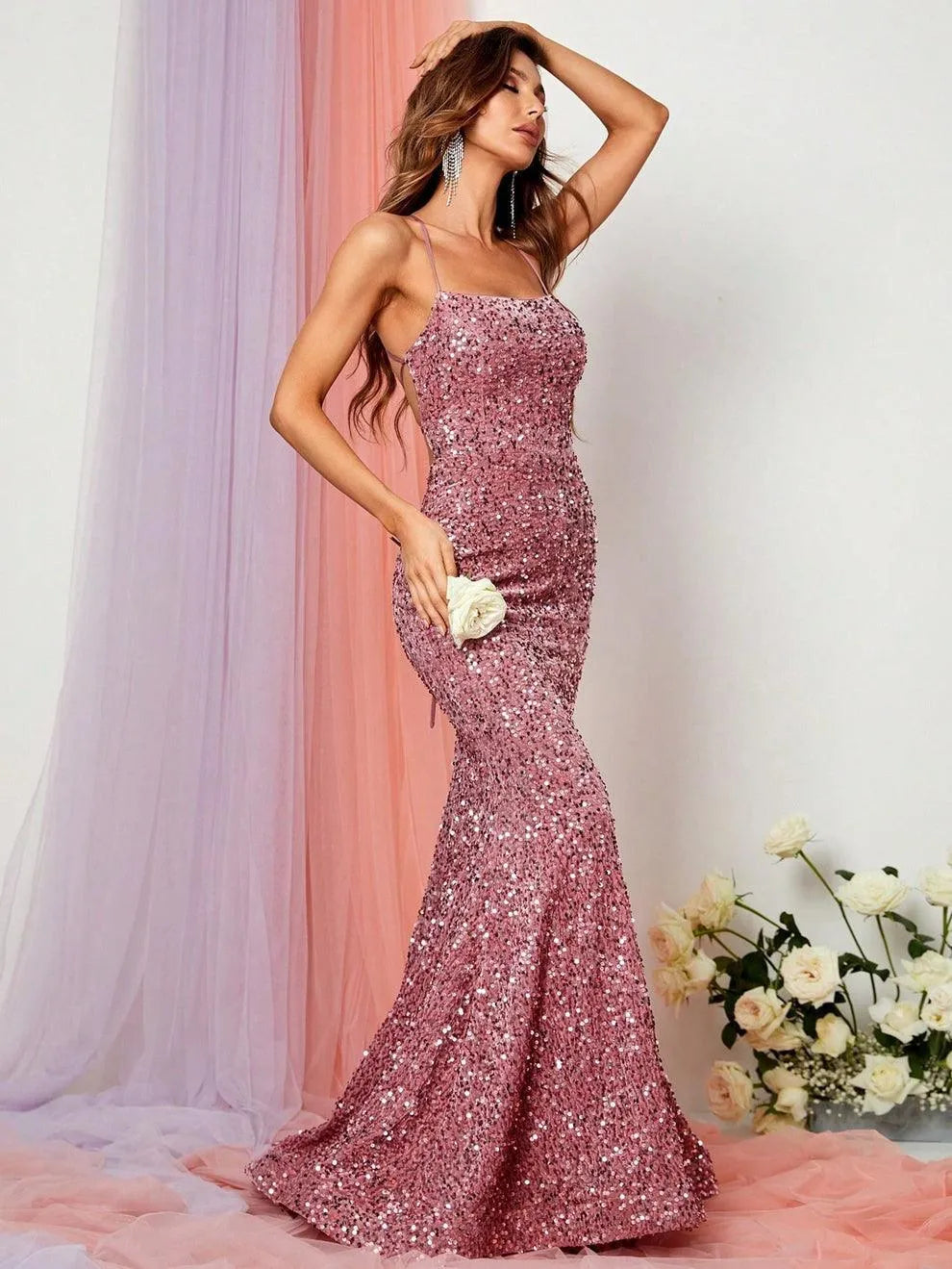Spaghetti Strap Lace Sequin Sleeveless Mermaid Evening Gown — authorized product image 1