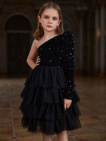 Additional product view of One-Shoulder Sequin A-Line Mesh Midi Tween Girls' Party Dress